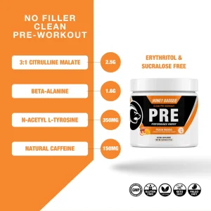Honey Badger Pre Workout Powder, Keto Vegan Preworkout for Men & Women, Beta Alanine & Caffeine, Sugar Free Natural Energy Supplement, Peach Mango, 3