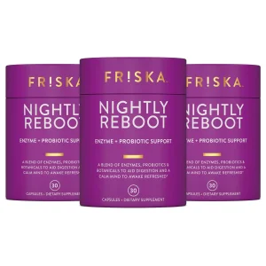 FRISKA Nightly Reboot Enzyme and Probiotics Supplement, Promotes Better Digestion and Sleep, Supports Gut Health for Men and Women, Melatonin, Chamom