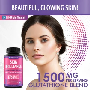 LB LILLYBRIGHT NATURALS Glutathione Capsules - 1,500mcg L-Glutathione Supplement with Vitamin C - Skin Tone Enhancer - Targets Dark Spots & Acne Mark