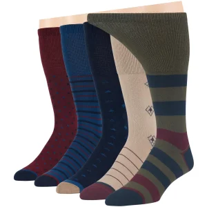 Men's Diabetic Fashion Dress Cotton Mid Calf Socks - 5 Pack Large - Stripe Pattern - Sock Size 10-13 Shoe Size 9-12 L Dark Navy, Navy, Burgundy, Oliv