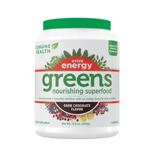 Genuine Health Greens + Extra Energy Superfood Powder, Provides an Immediate Energy Boost & Supports Gut Health, Dark Chocolate Flavor, 30 Servings
