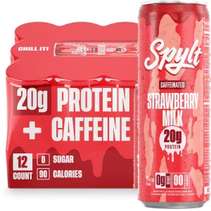 Spylt High Protein Strawberry Milk with 60mg Caffeine & 20g Protein - 90 Calories, Ready to Drink, Sugar Free, Lactose Free Milk, Perfect for Workout