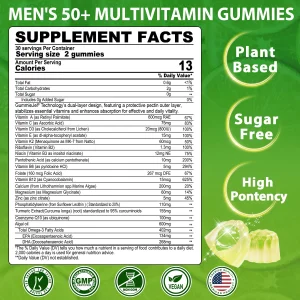 Multivitamin for Men 50 + Plus, Sugar Free Men Multivitamins Gummies w/Omega-3, Coq10, D3k2, Calcium, Magnesium, Zinc, Vitamins A, C & E, Mens Vitami