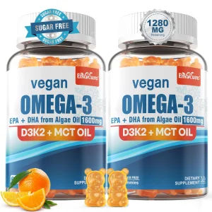 Vegan Omega 3 Gummies 1280mg + Vitamin D3 K2 (MK7), Omega 3 Fish Oil Alternative for Adults, w/Algae EPA 600mg & DHA 400mg, MCT Oil - No Fish Taste -