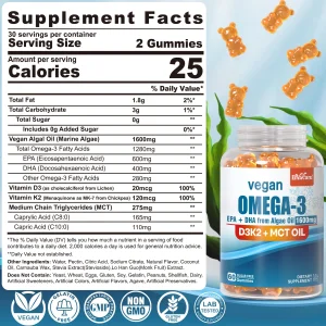 Vegan Omega 3 Gummies 1280mg + Vitamin D3 K2 (MK7), Omega 3 Fish Oil Alternative for Adults, w/Algae EPA 600mg & DHA 400mg, MCT Oil - No Fish Taste -
