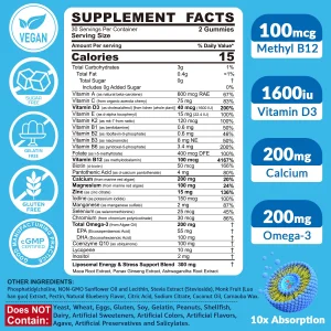 Methylated Multivitamin for Men Gummies, Vegan Omega 3, CoQ10, Zinc, Vitamin A C D3 K2 E B Complex, Calcium, Magnesium, Lycopene - Liposomal Vitamins