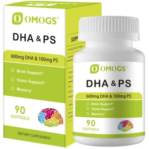 OMOGS Algae DHA - 600 mg Omega-3 DHA Softgels, with Phosphatidylserine & Walnut Oil, Supports Healthy Brain Function, Vision, Eye & Memory, Gluten Fr