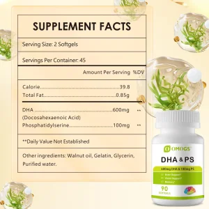 OMOGS Algae DHA - 600 mg Omega-3 DHA Softgels, with Phosphatidylserine & Walnut Oil, Supports Healthy Brain Function, Vision, Eye & Memory, Gluten Fr
