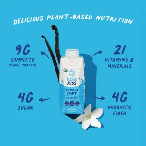Koia Kids Plant Based Protein Shake, Vanilla, Ready to Drink, 9g Protein, 4g Low Sugar, 4g Fiber, 21 Vitamins & Minerals, Dairy-Free, Allergen-Free,