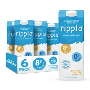 Ripple Unsweetened Original Plant Based Milk | 8g of Quality Sourced Pea Protein, Calcium Rich | Shelf Stable | Vegan, Non GMO | Dairy, Soy, Nut, & G