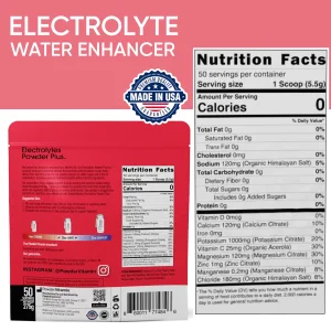 PowderVitamin Electrolytes Powder Plus (50 Servings) Raspberry Electrolyte Powder Zero Calorie Keto, 0 Sugar, No Maltodextrin,1000mg Potassium,120mg