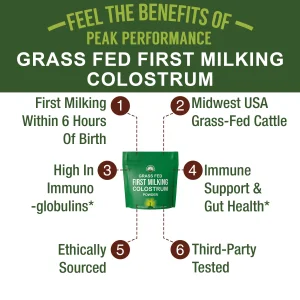 First Milking Colostrum Powder from Grass Fed USA Cows Milked Within 6 Hours of Giving Birth to Get The Most Bioactive Nutrients. High Immunoglobulin