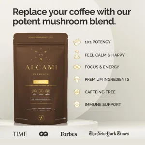alcami elements Cacao Mushroom Coffee Superfood Blend, 10X Concentrated Extract, with Lion's Mane, Reishi & Cordyceps, Energy & Focus Support, 30 Ser