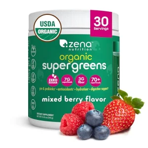 Zena Nutrition Organic Super Greens Powder, 70+ Superfoods, 0 Sugar, 3G Fiber, Spirulina, Chlorella, Antioxidants, Prebiotics/Probiotics, Digestive E
