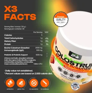 Cure24 Bovine X3 Colostrum Supplement Powder for Humans, 100% Pure Whole Natural Grass Fed Superfood, High IgG, Plus Probiotic & Prebiotic, Natural P
