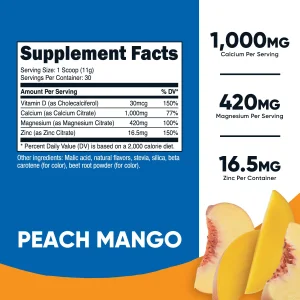 Nutricost Calcium Magnesium Zinc Citrates with Vitamin D3 Powder, 30 Servings (Peach Mango Flavor)