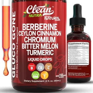 Clean Nutra Berberine with Ceylon Cinnamon Supplement Liquid Drops + Bitter Melon Extract, Glucomannan, Gymnema, Chromium, Turmeric, Organic Panax Gi