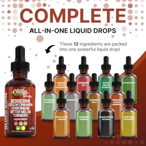 Clean Nutra Berberine with Ceylon Cinnamon Supplement Liquid Drops + Bitter Melon Extract, Glucomannan, Gymnema, Chromium, Turmeric, Organic Panax Gi