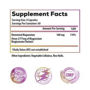Voltage Elements Magnesium Glycinate Chelate 2777mg - Promotes Relaxation & Deep Sleep - Elemental Magnesium 500mg (240 capsules) Vegan