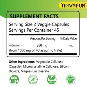 Novafun Potassium Citrate 1000mg, Potassium Supplement for Leg Cramps, Muscle & Heart Health, Vegan, Non-GMO, Gluten Free, 90 Capsules
