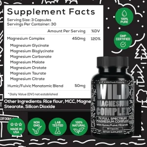 Wild Foods Magnesium Complex Supplement with 7X Forms | High Absorption, Full Spectrum, Easy Digestion | 500mg Glycinate, Bisglycinate, Malate, Orota