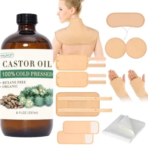 13 Pcs Castor Oil Pack Wrap, Organic Cold Pressed Unrefined Glass Bottle for Liver Detox, Stomach, Neck, Knee, Foot & Entire Body, Organic Cotton Reu