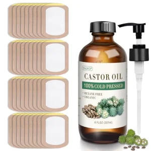 36Pcs Castor Oil Patches and 8oz Castor Oil Organic Cold Pressed Unrefined Glass Bottle, Portable Self-Adhesive Anti Leakage No Wash Caster Oil Wrap