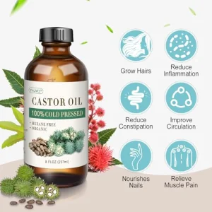 36Pcs Castor Oil Patches and 8oz Castor Oil Organic Cold Pressed Unrefined Glass Bottle, Portable Self-Adhesive Anti Leakage No Wash Caster Oil Wrap