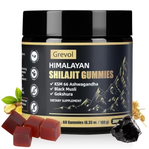 Grevol Himalayan Shilajit Gummies with Ashwagandha - Fulvic Acid & 85+ Trace Minerals - No Added Sugar - Shilajit for Men & Women - 60 Gummy