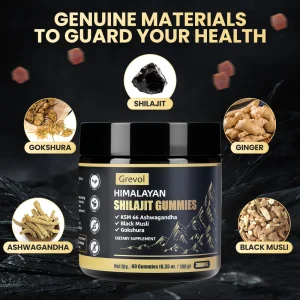 Grevol Himalayan Shilajit Gummies with Ashwagandha - Fulvic Acid & 85+ Trace Minerals - No Added Sugar - Shilajit for Men & Women - 60 Gummy
